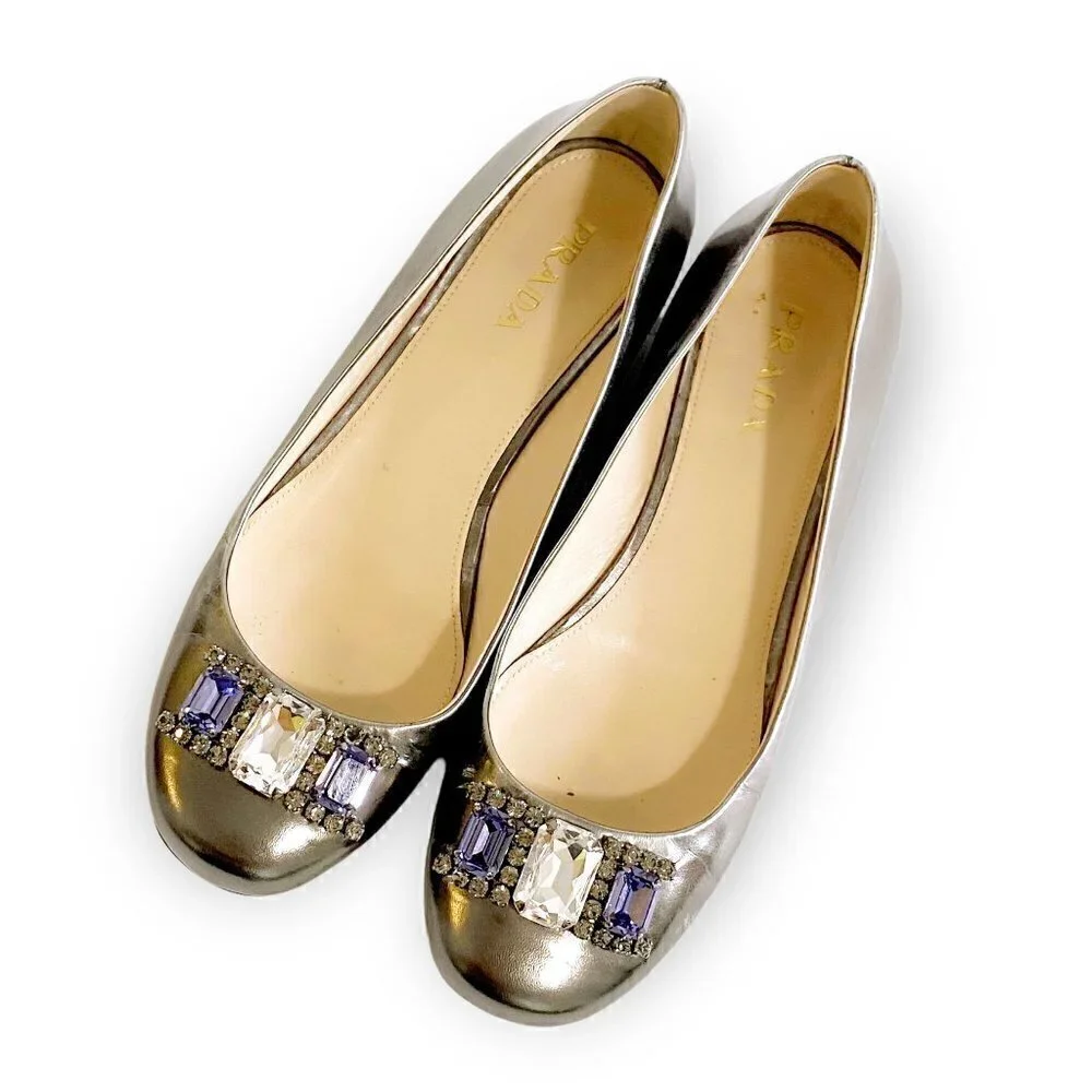 Prada pewter leather jewelled flats, size 38.5 EU